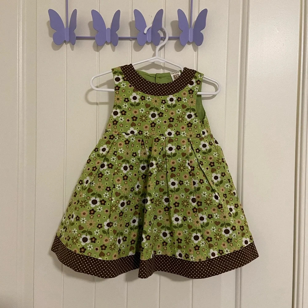 EUC | Carter’s baby girl green & brown floral high neck dress — 12 months‎